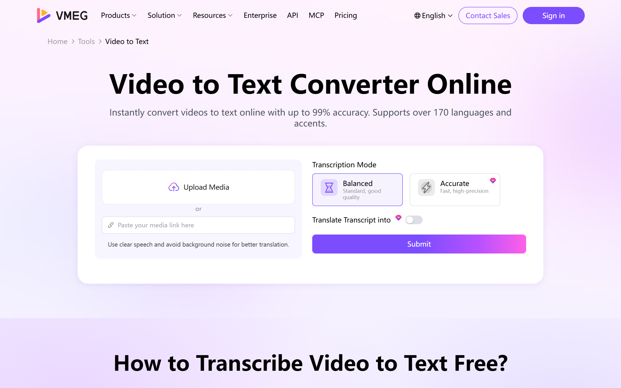 VMEG Video to Text landing page: upload, mode, language, and Submit