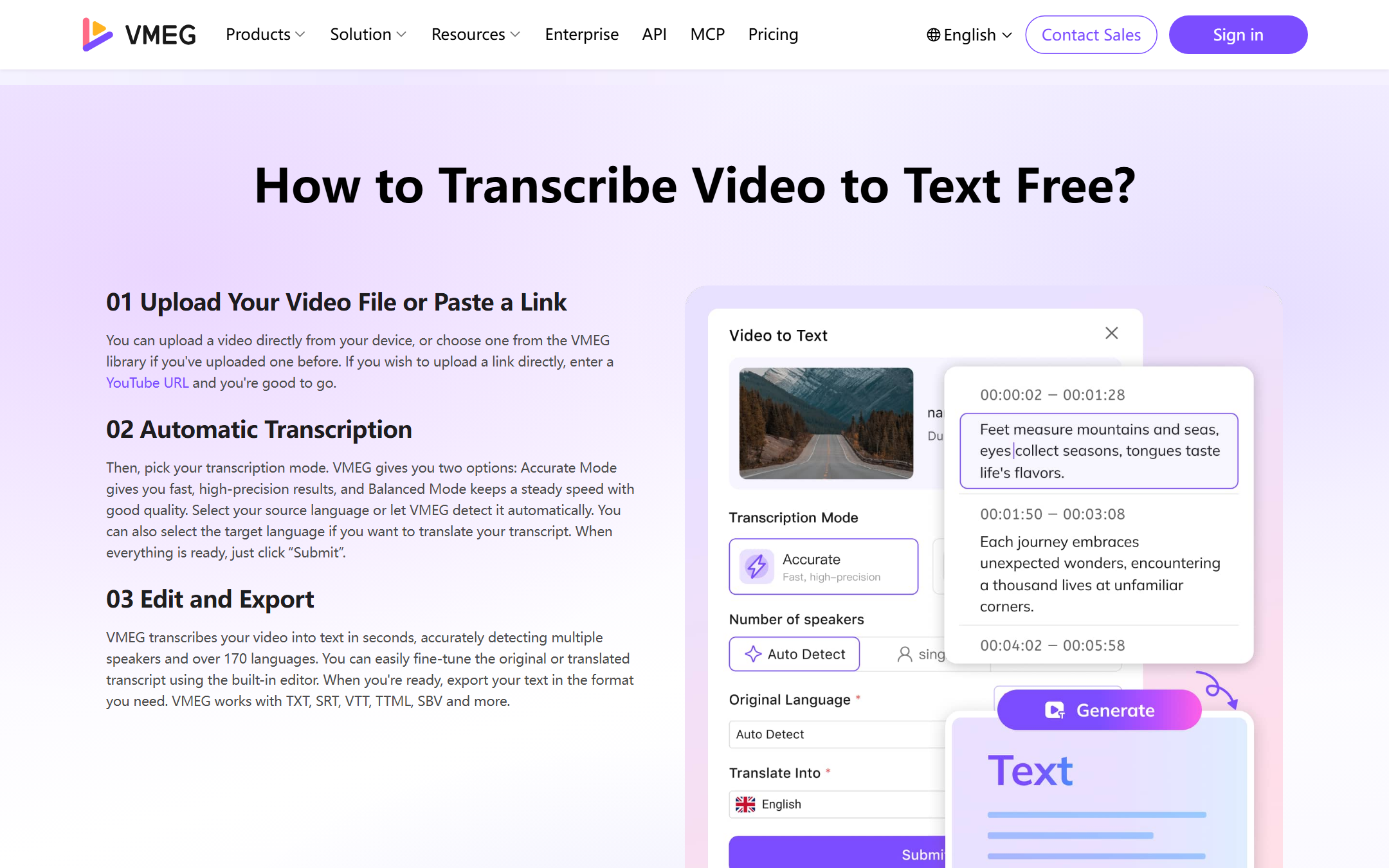 VMEG Video to Text workflow UI: modes, speakers, language, and transcript editor