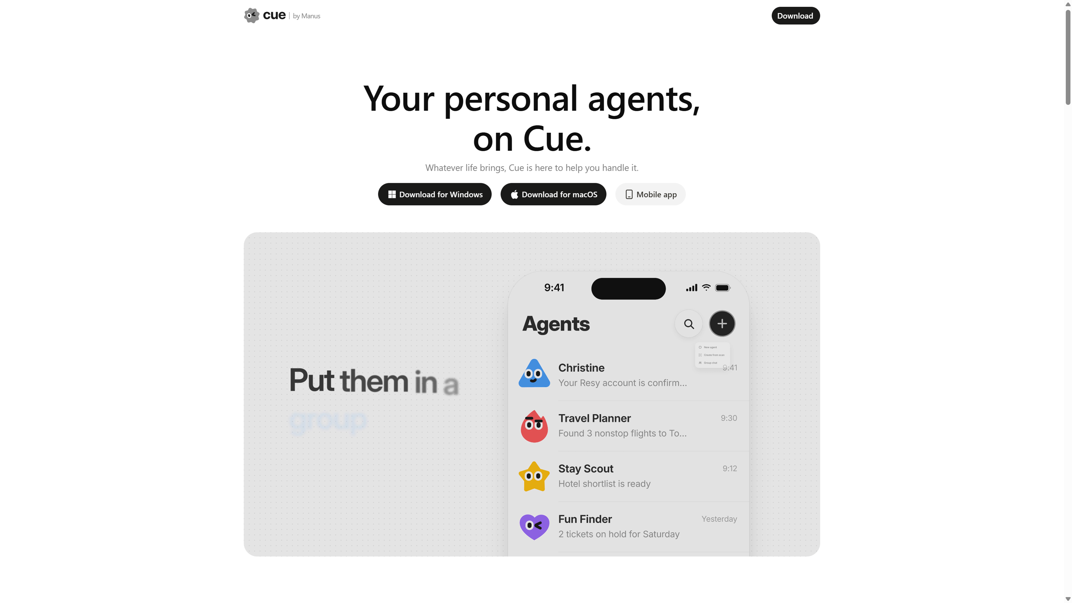 cue.im homepage on 30 September 2026. Enabled buttons read Download for Windows and Download for macOS, beside Mobile app. The artwork shows a group of named agents.