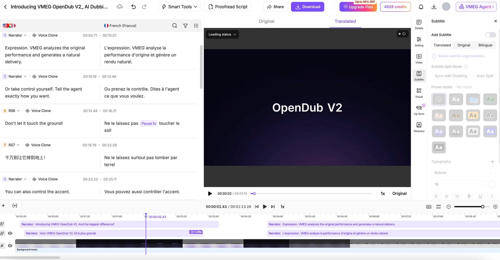 VMEG OpenDub V2 editor with the transcript, timeline, and language options