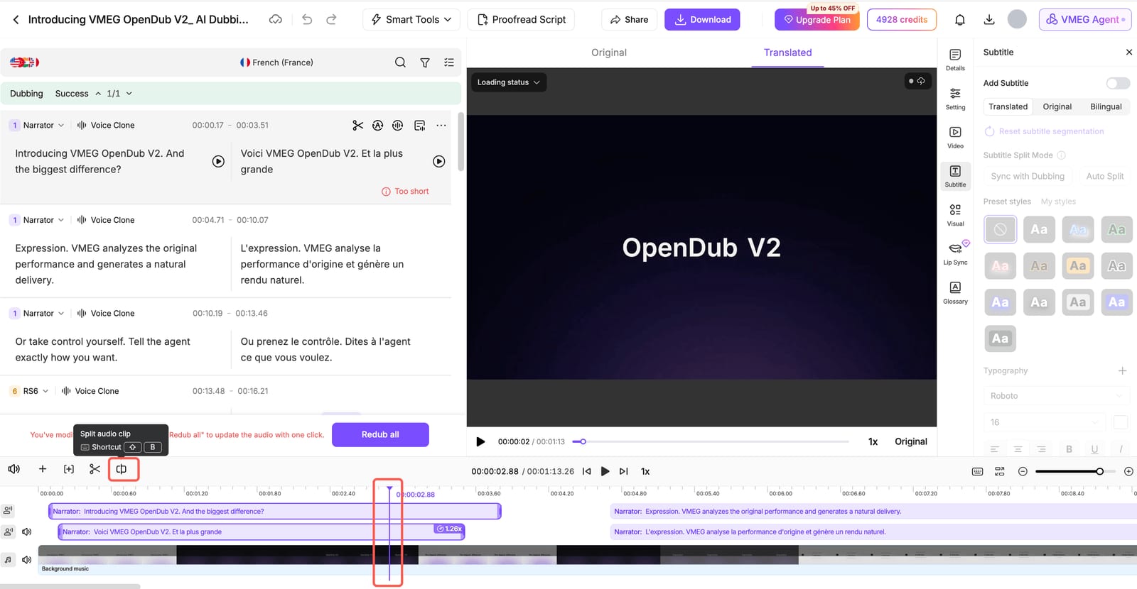 VMEG timeline with Split Audio highlighted