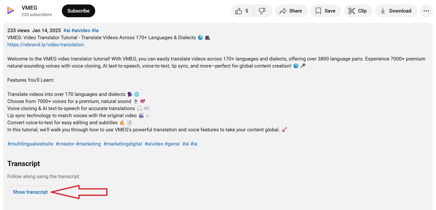 Click Show transcript under the expanded YouTube description
