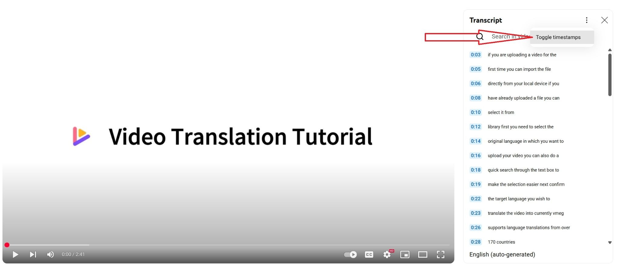 YouTube transcript side panel with timestamps