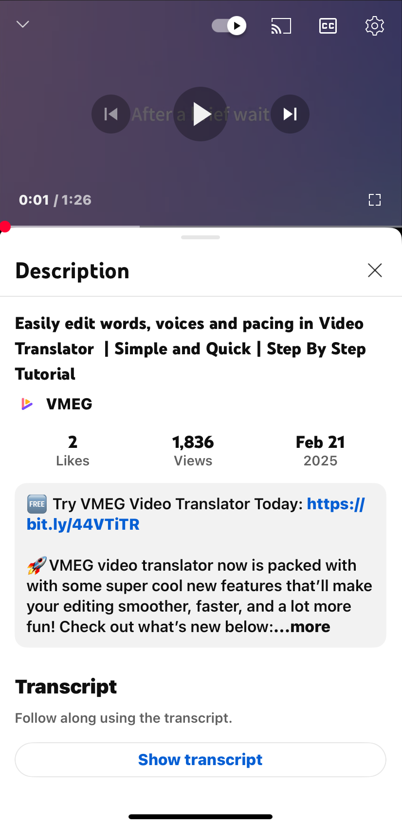 Show transcript in the YouTube mobile app
