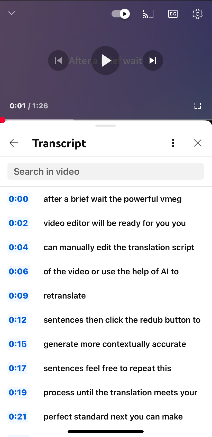Timestamped transcript view on mobile