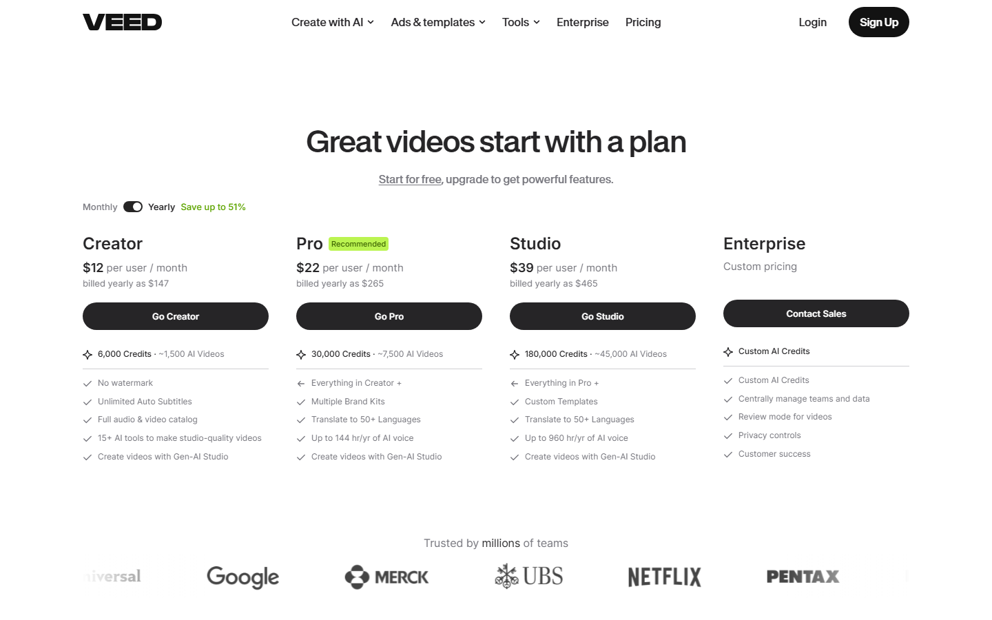 VEED pricing page 2026