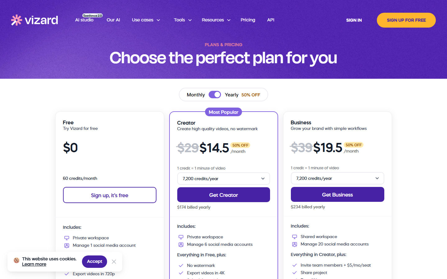 Vizard pricing page 2026