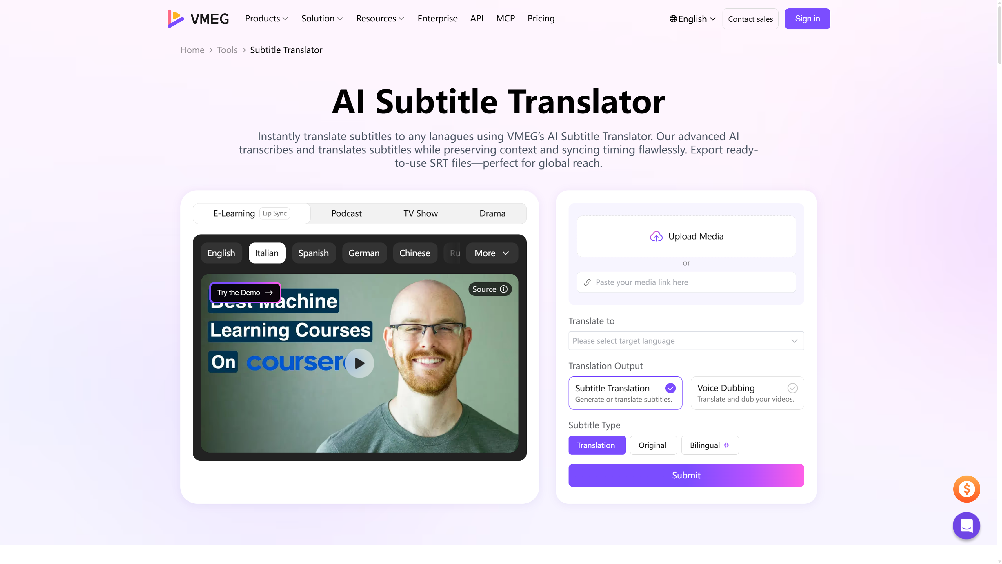 VMEG AI Subtitle Translator page with Upload Media, a target-language menu, Subtitle Translation and Voice Dubbing outputs, and subtitle types Translation, Original, and Bilingual.