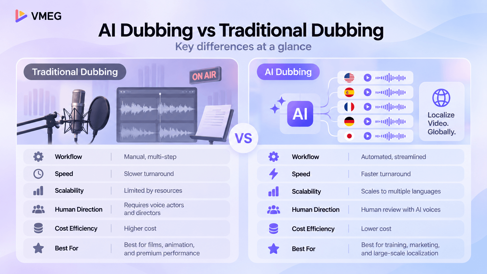 AI dubbing vs traditional dubbing comparison of workflow, speed, scalability, human direction, cost, and best use cases