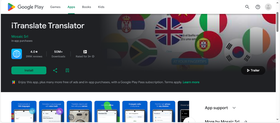 Best Apps for Spanish Translation: iTranslate Translator app listing on the Google Play Store