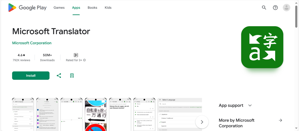 Best Apps for Spanish Translation: Microsoft Translator app listing on the Google Play Store 