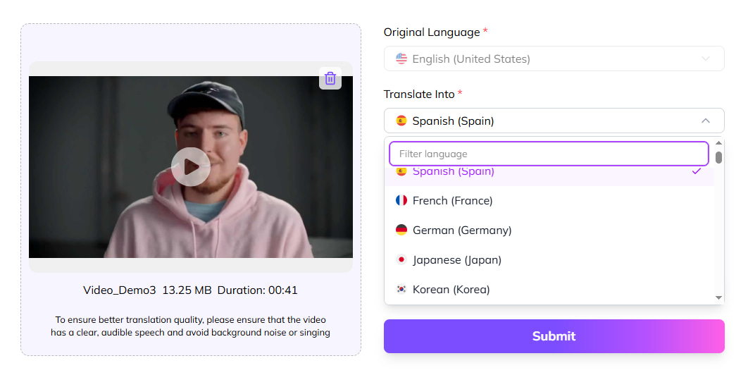 Upload Your Video and Select Language