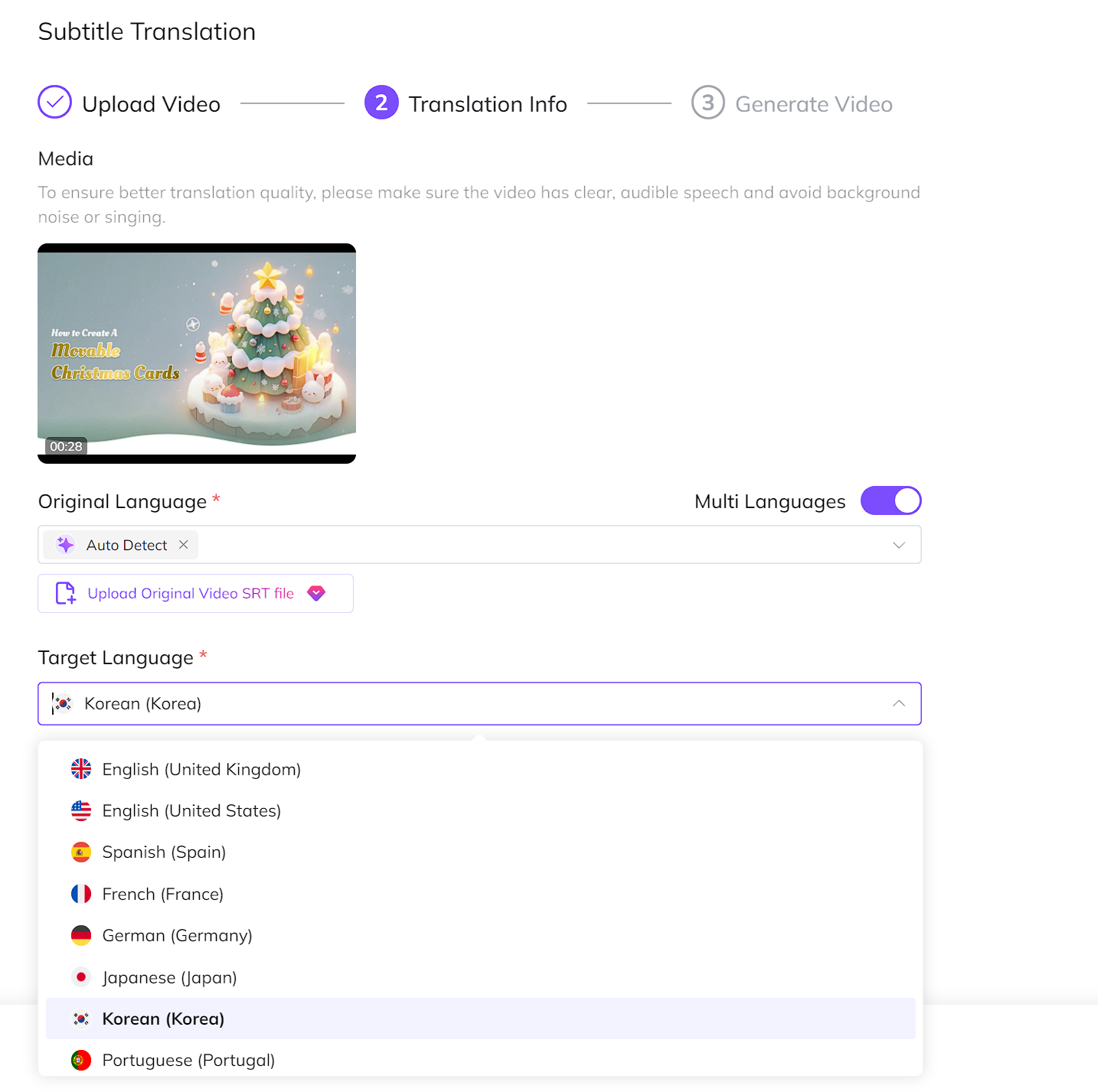 Select the Original and Target Subtitle Languages