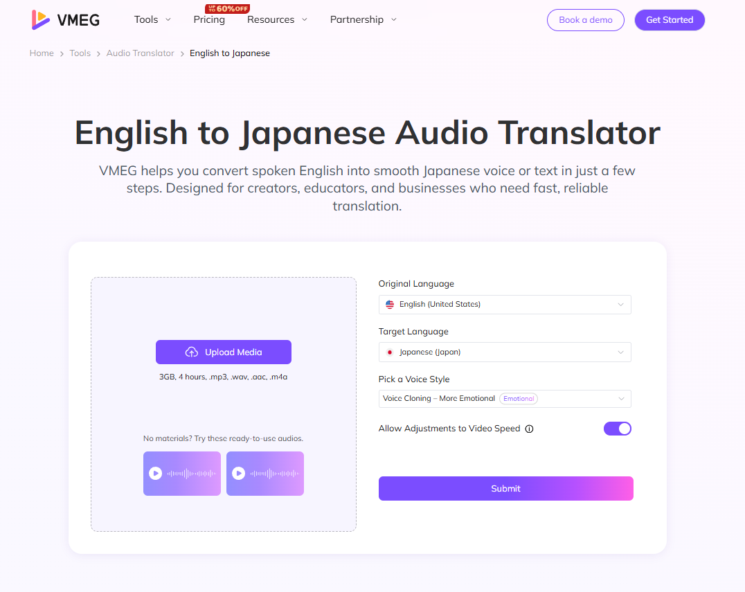 vmeg ai english to japanese audio translator