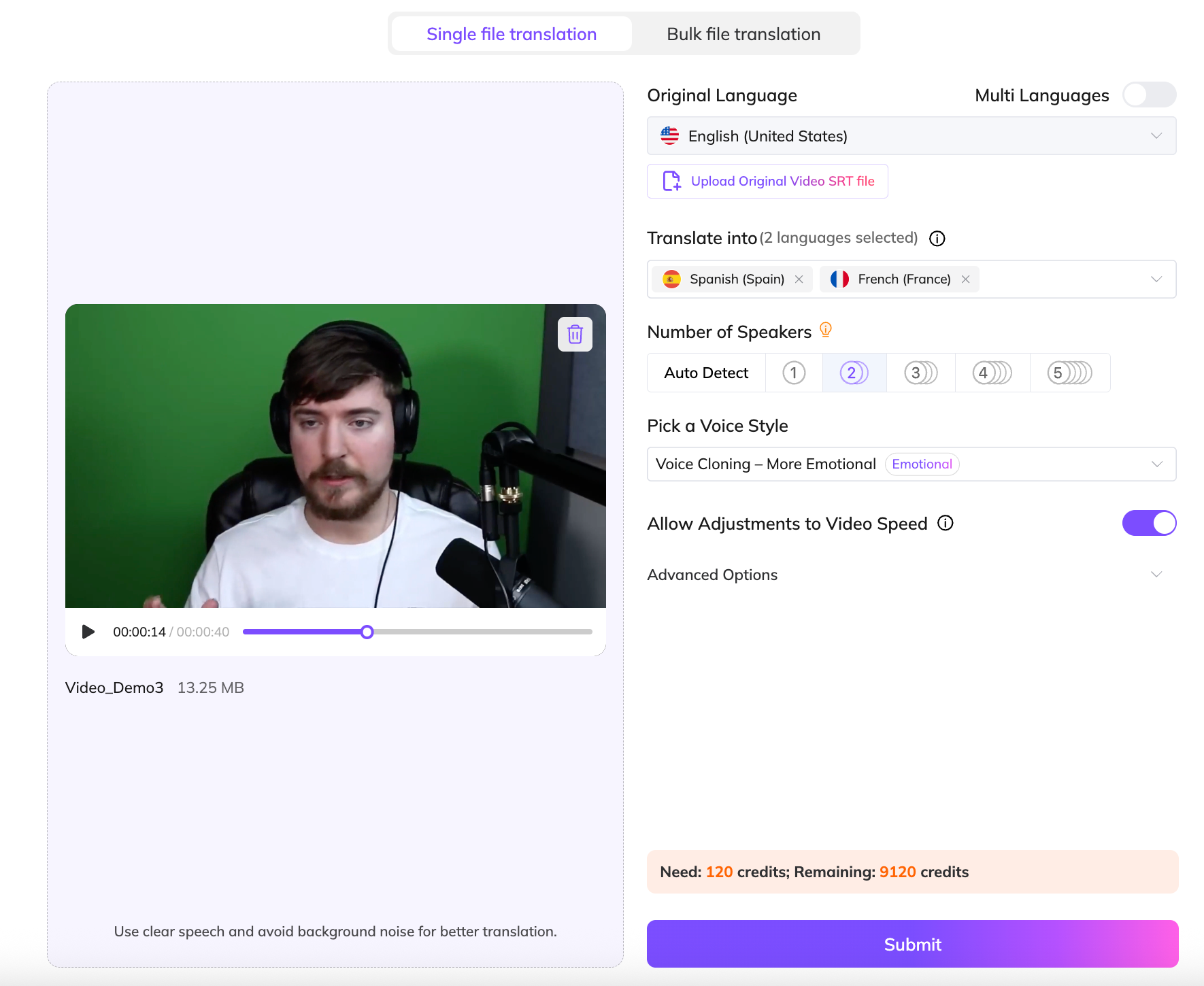 uploead media to vmeg video translator