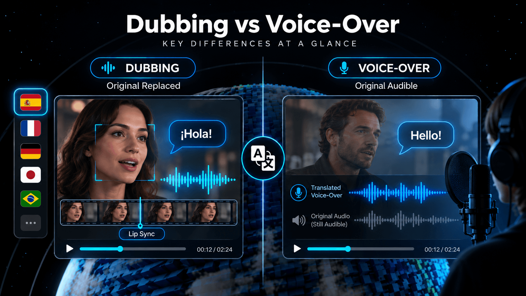 Dubbing vs voice-over key differences showing original audio replacement, lip sync, and source audio overlay