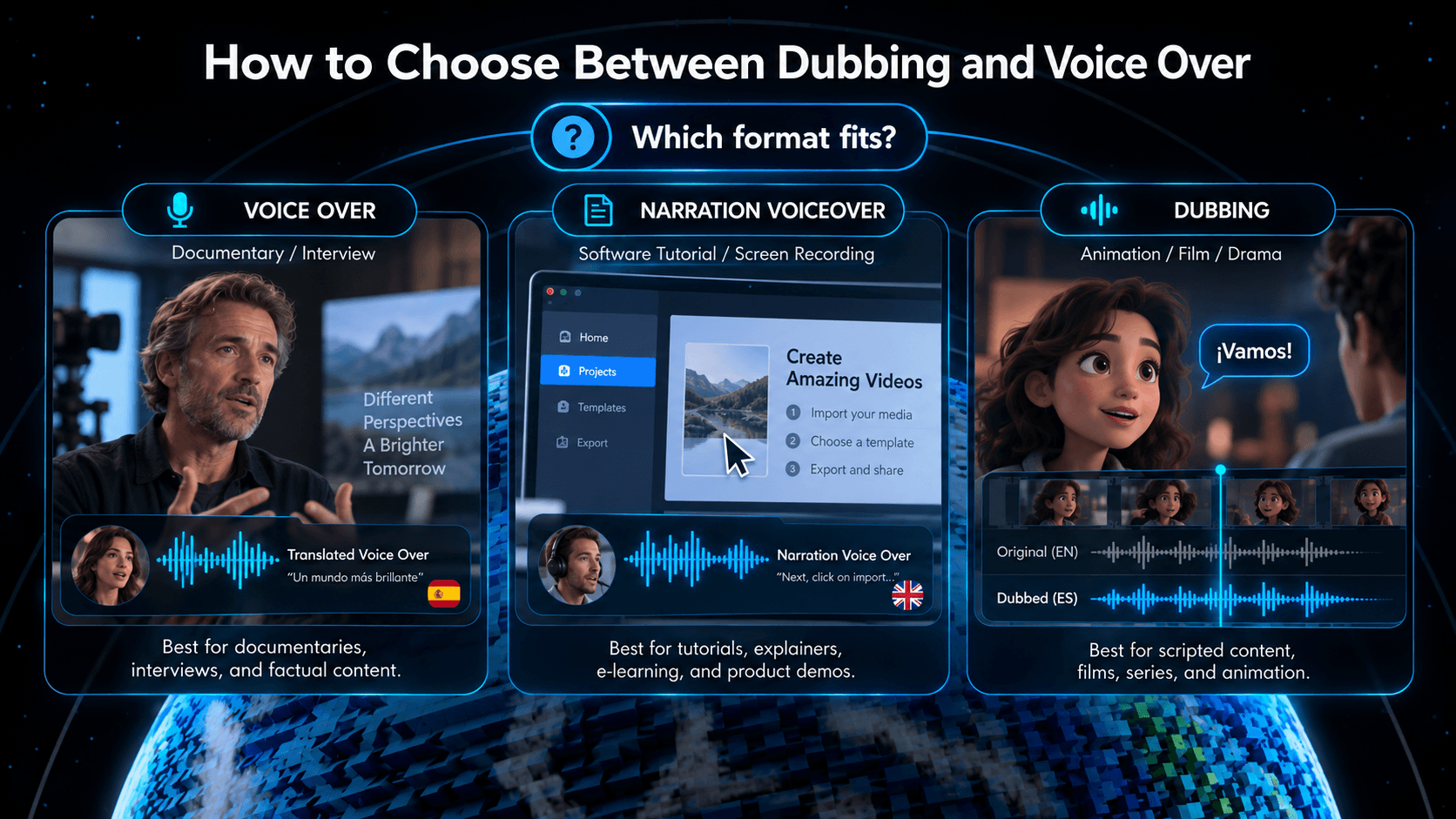 How to choose between dubbing, translated voice-over, and narration voiceover by content type