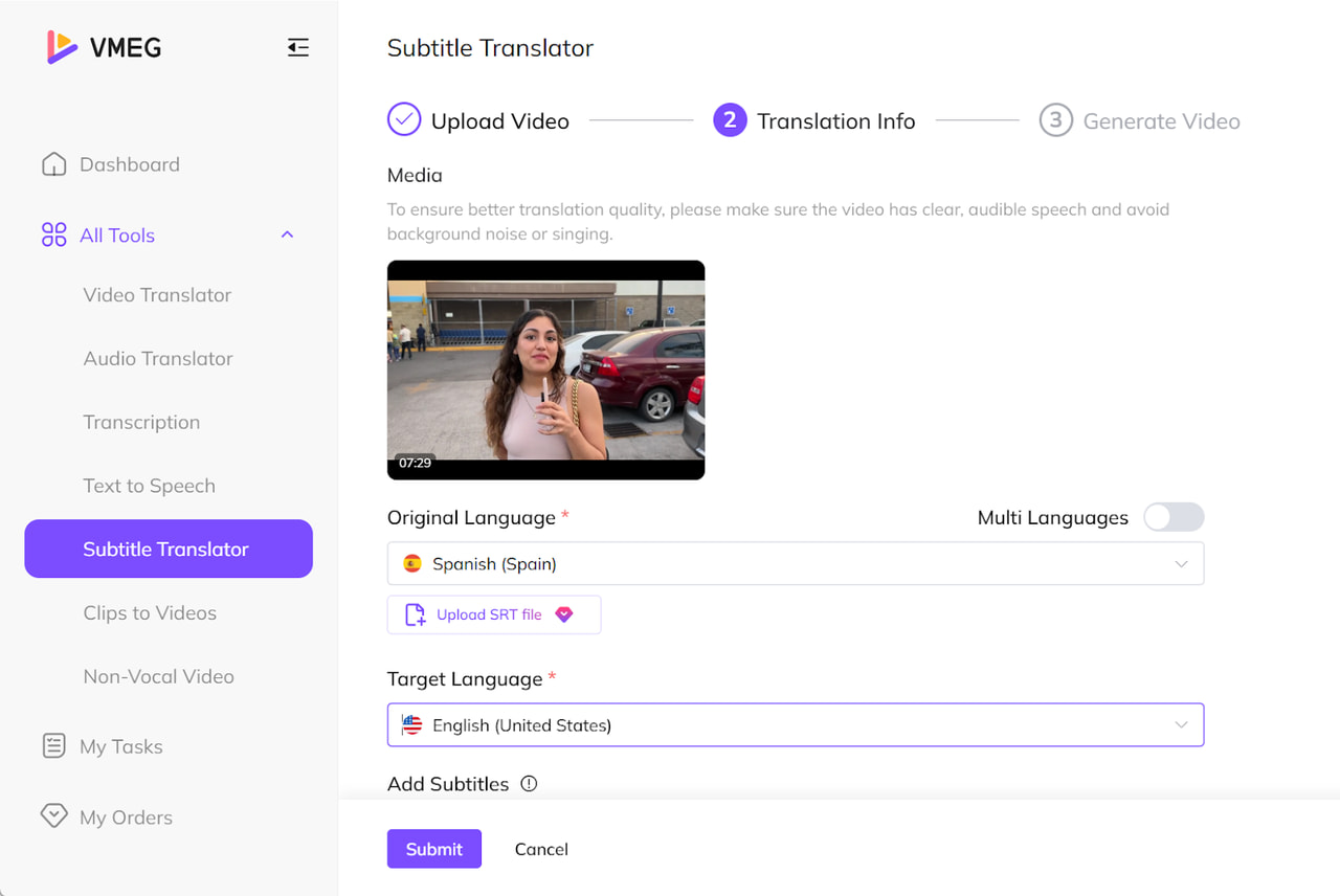 Select the Original Language and Target Language