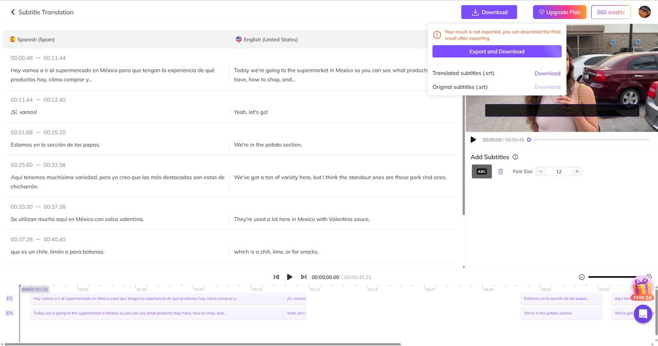 Download Original and Translated Subtitles as an SRT File