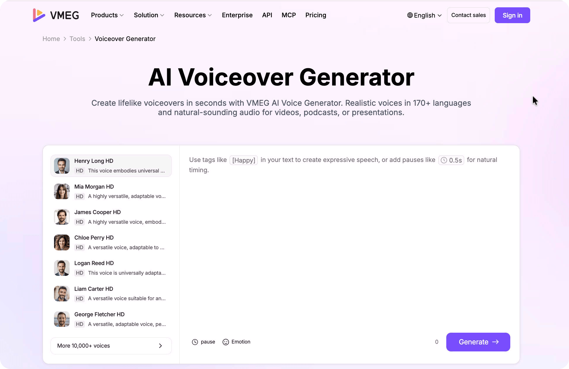 VMEG AI Voiceover Generator interface with voice selection, script input, pauses, emotion controls, and generation