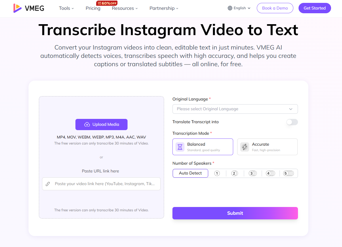 transcribe instagram video to text