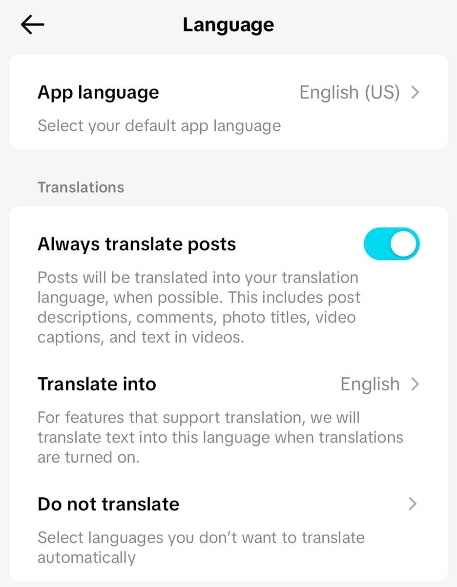 tiktok translation settings