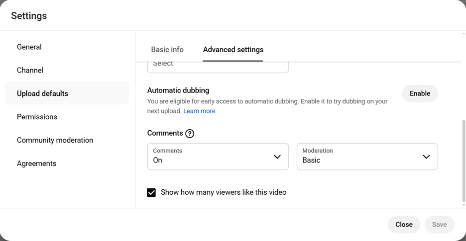 youtube advanced setting