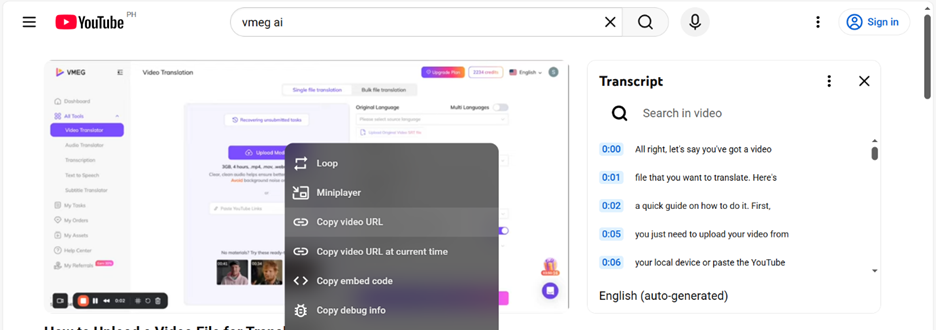 copy youtube video link