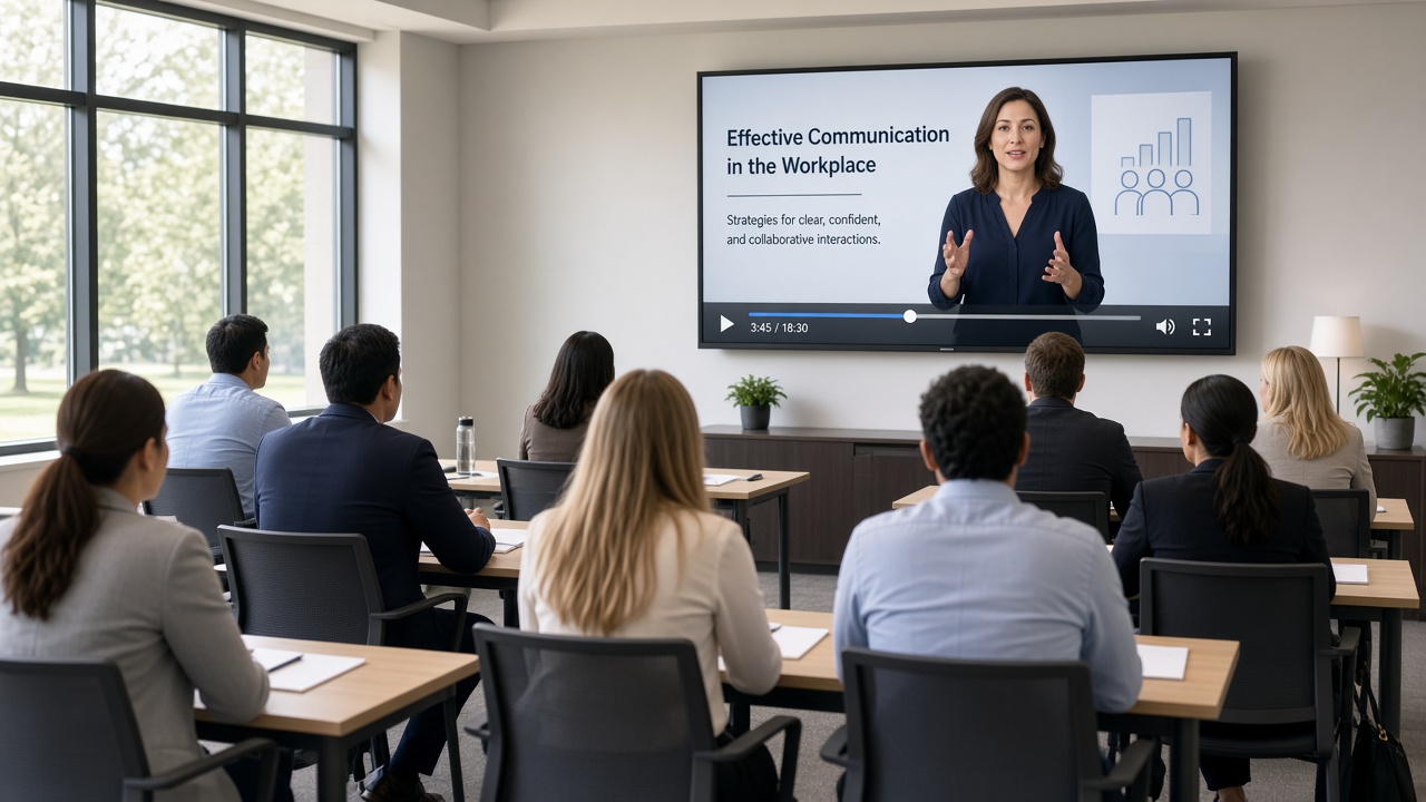 Corporate training team watching a presentation video