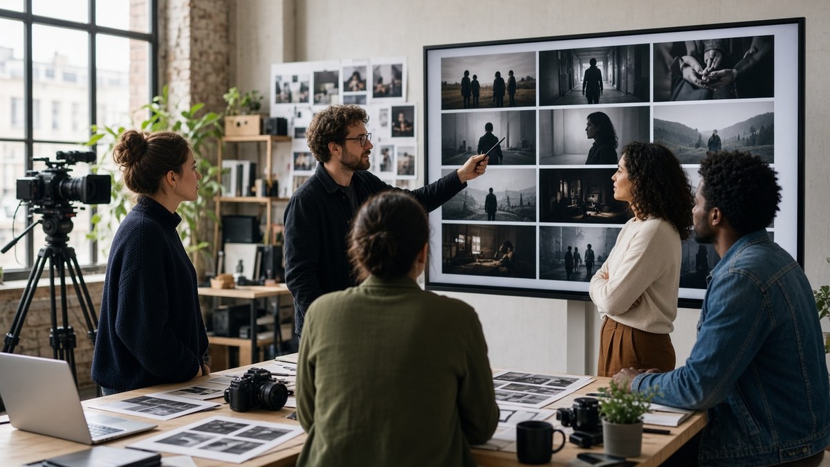 Creative agency team reviewing video storyboards