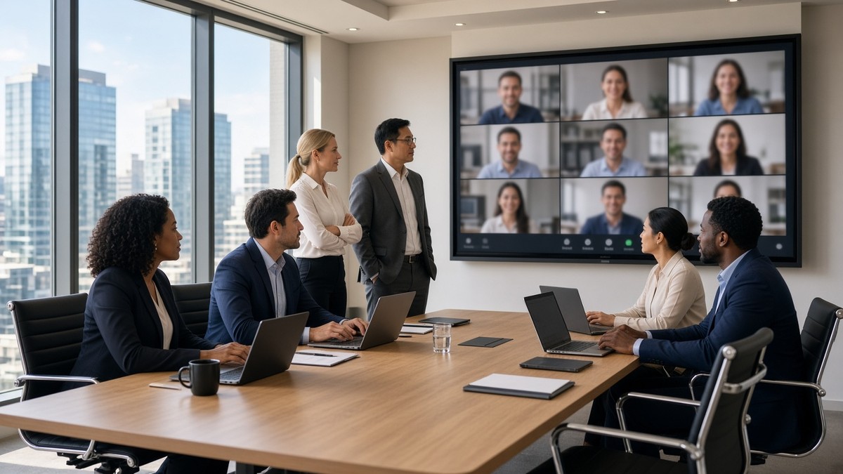 Six executives on a video conference in a modern boardroom
