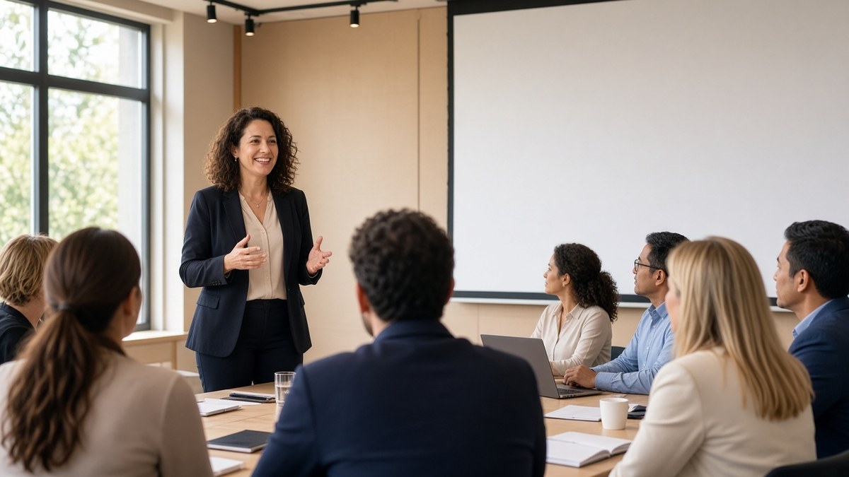 Learning and development workshop in a modern training room