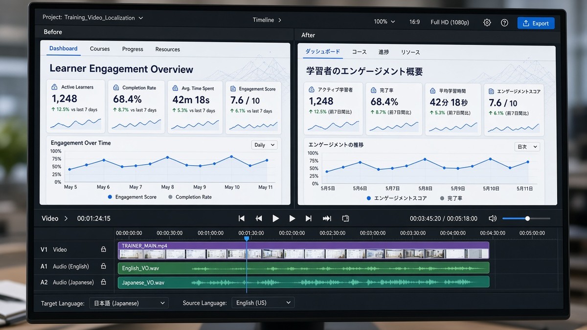 Computer screen showing before-and-after multilingual video comparison