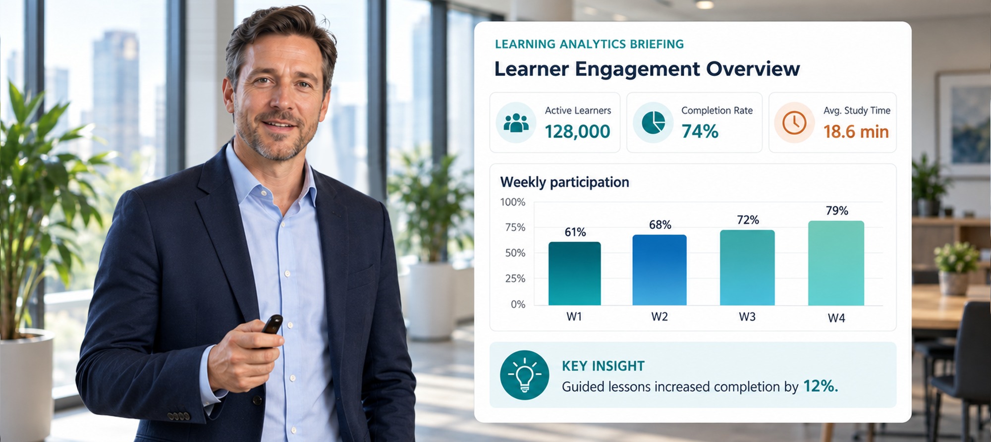 Male trainer presenting English learning analytics dashboard