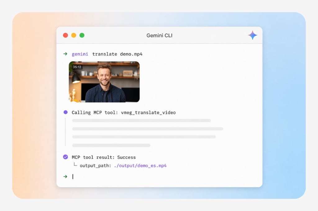 Gemini CLI session calling VMEG translate MCP tool