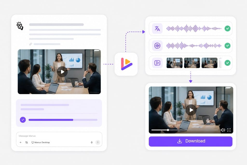 Manus connected to VMEG video translation workflow