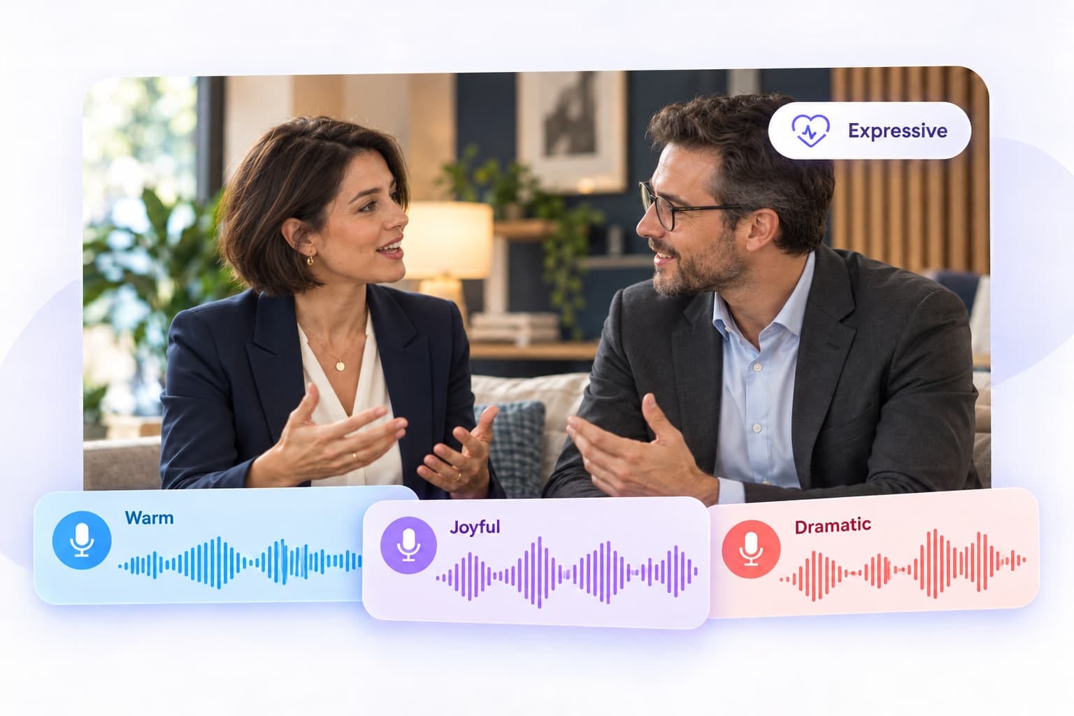 An actress delivering an emotional line with a glowing voice waveform