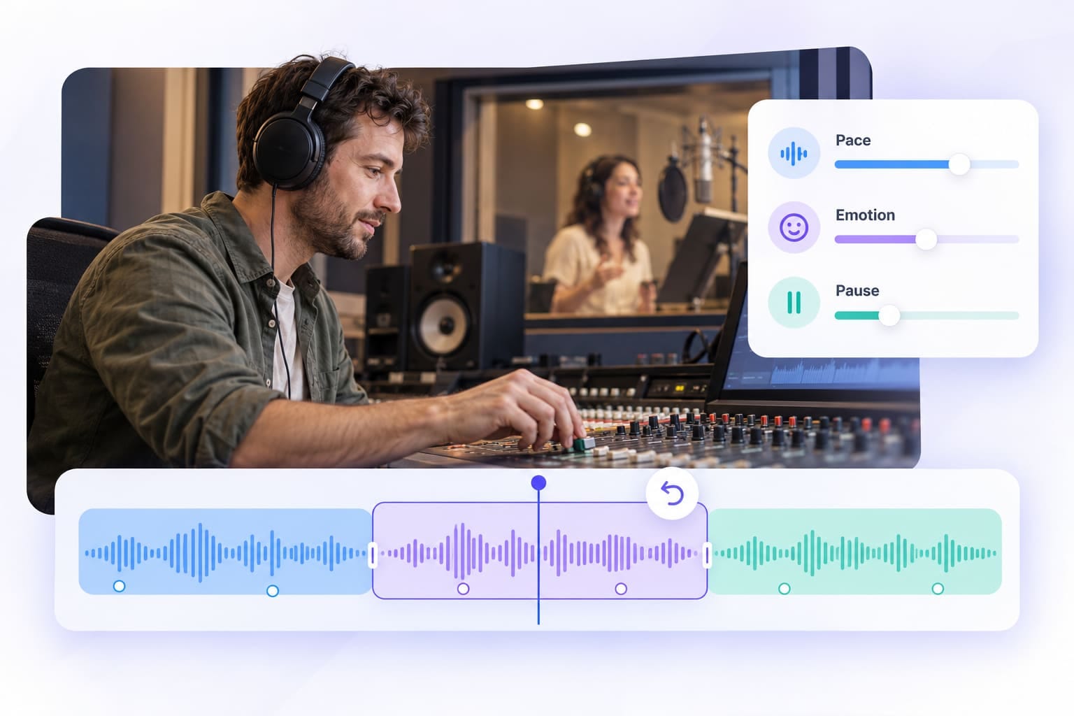 A creator adjusting dialogue lines and voice controls in a dubbing editor