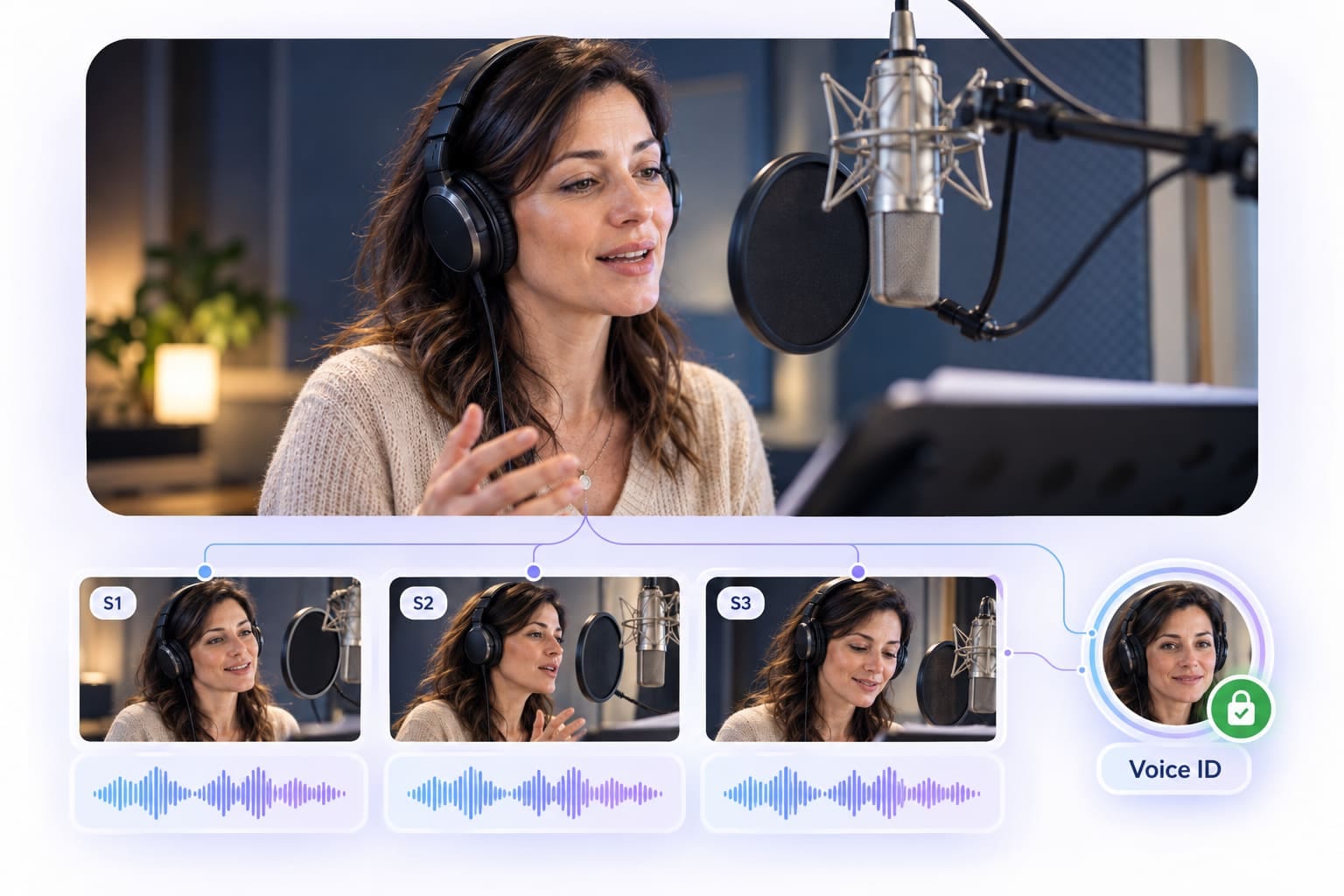 One character across six episode frames, each tagged with the same voice