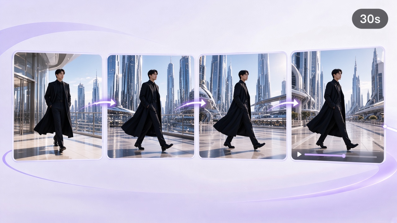 Four connected frames of a man walking through a sunlit futuristic city