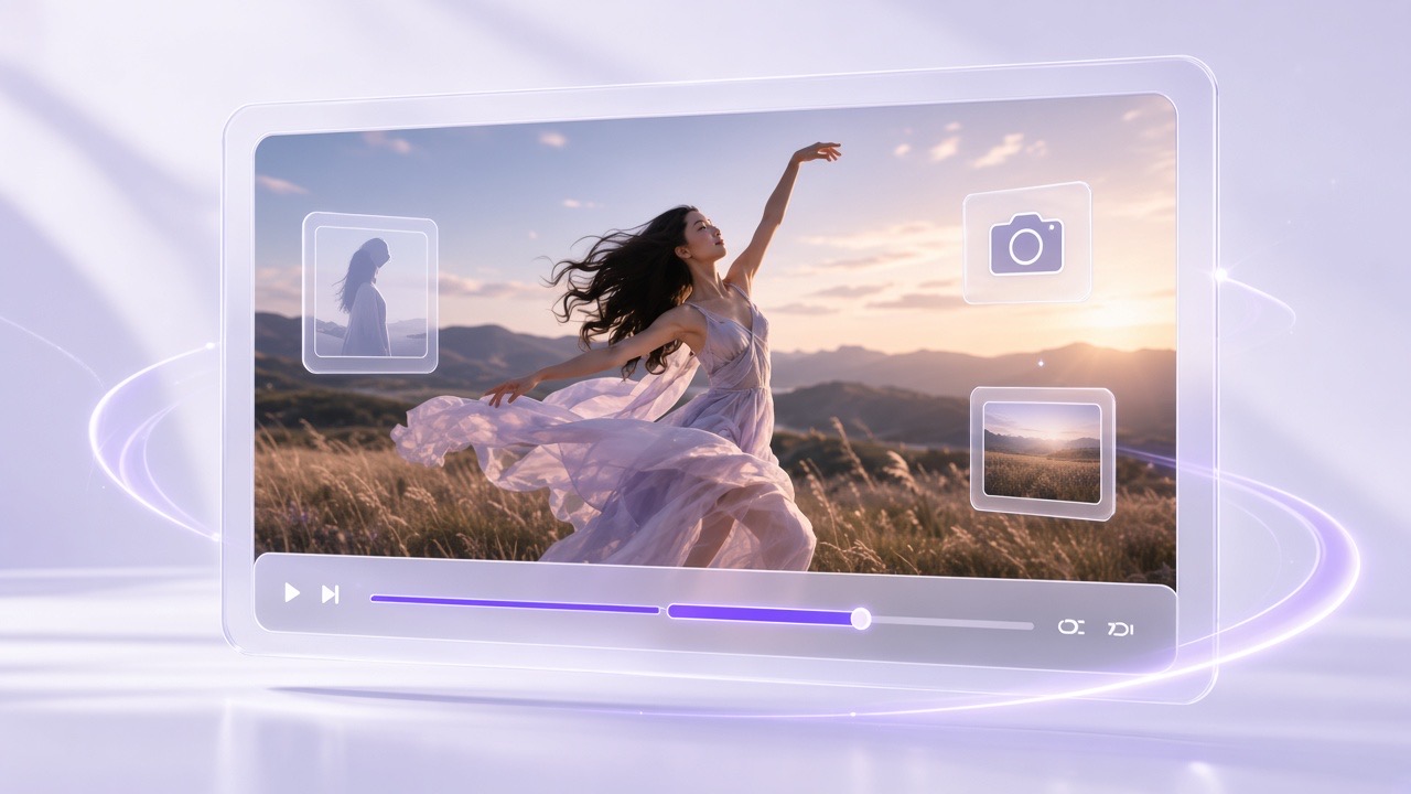 A dancer in a sunset field inside a glass video editor with timeline and layer controls