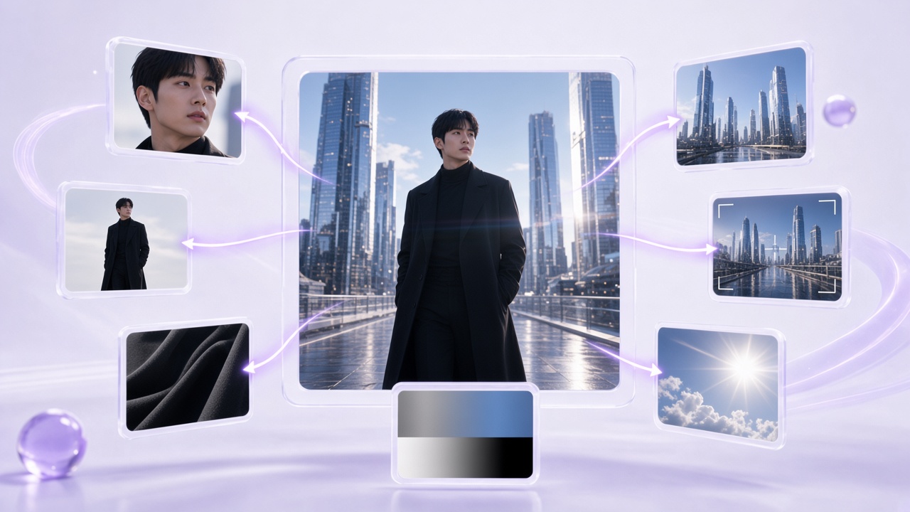 A cinematic skybridge scene broken into the same man, his coat, the city, the camera frame, sunlight, and color