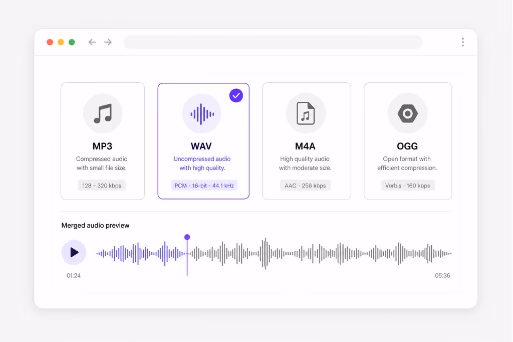 Pick MP3, WAV, M4A, or OGG after merging audio