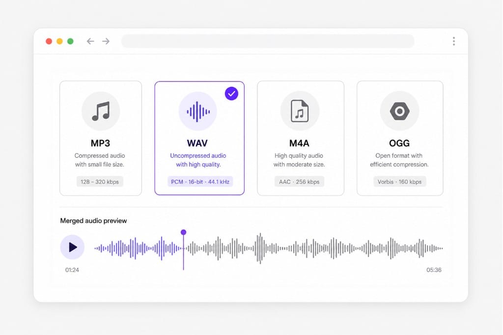 Pick MP3, WAV, M4A, or OGG after merging audio