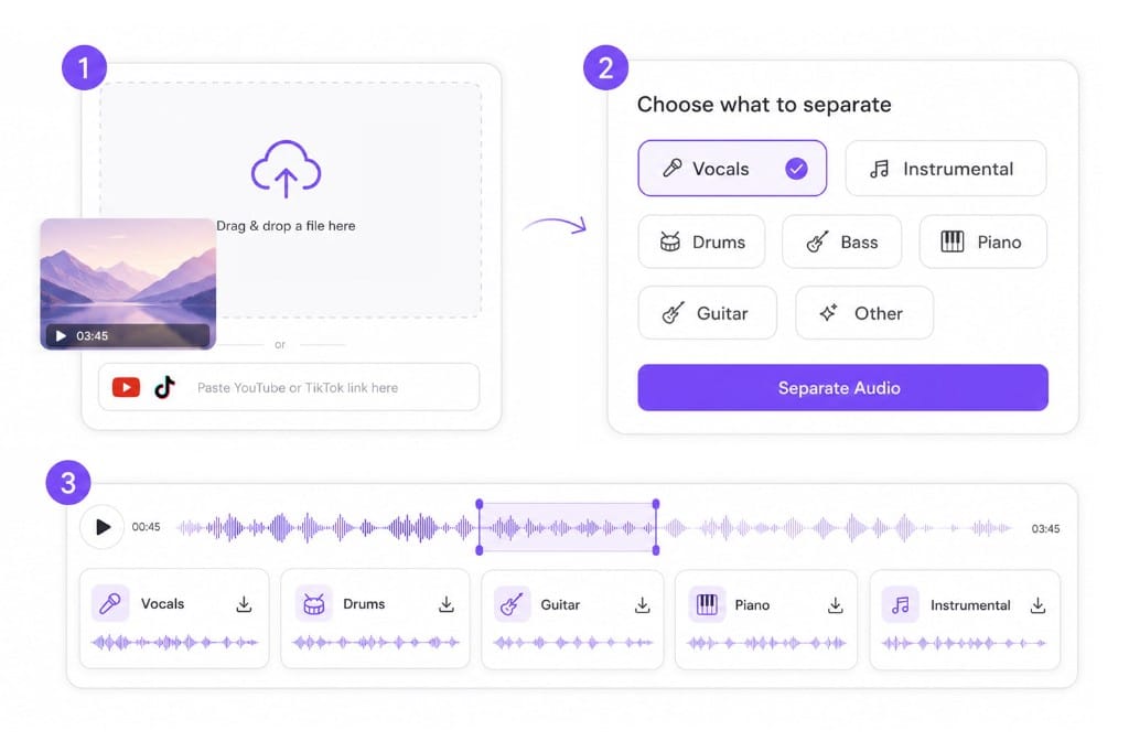 Separate audio from video workflow: upload a clip, choose stems, and download separated tracks