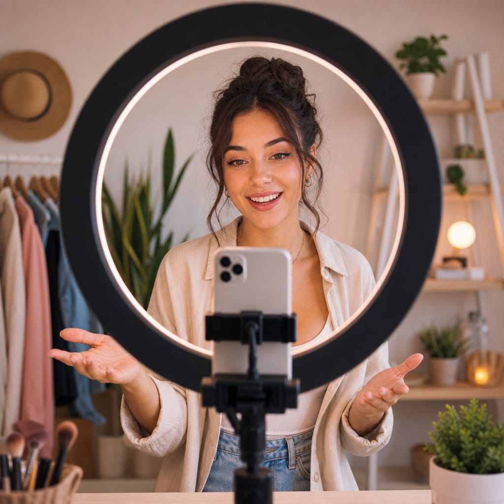 Creator recording vertical video for social media