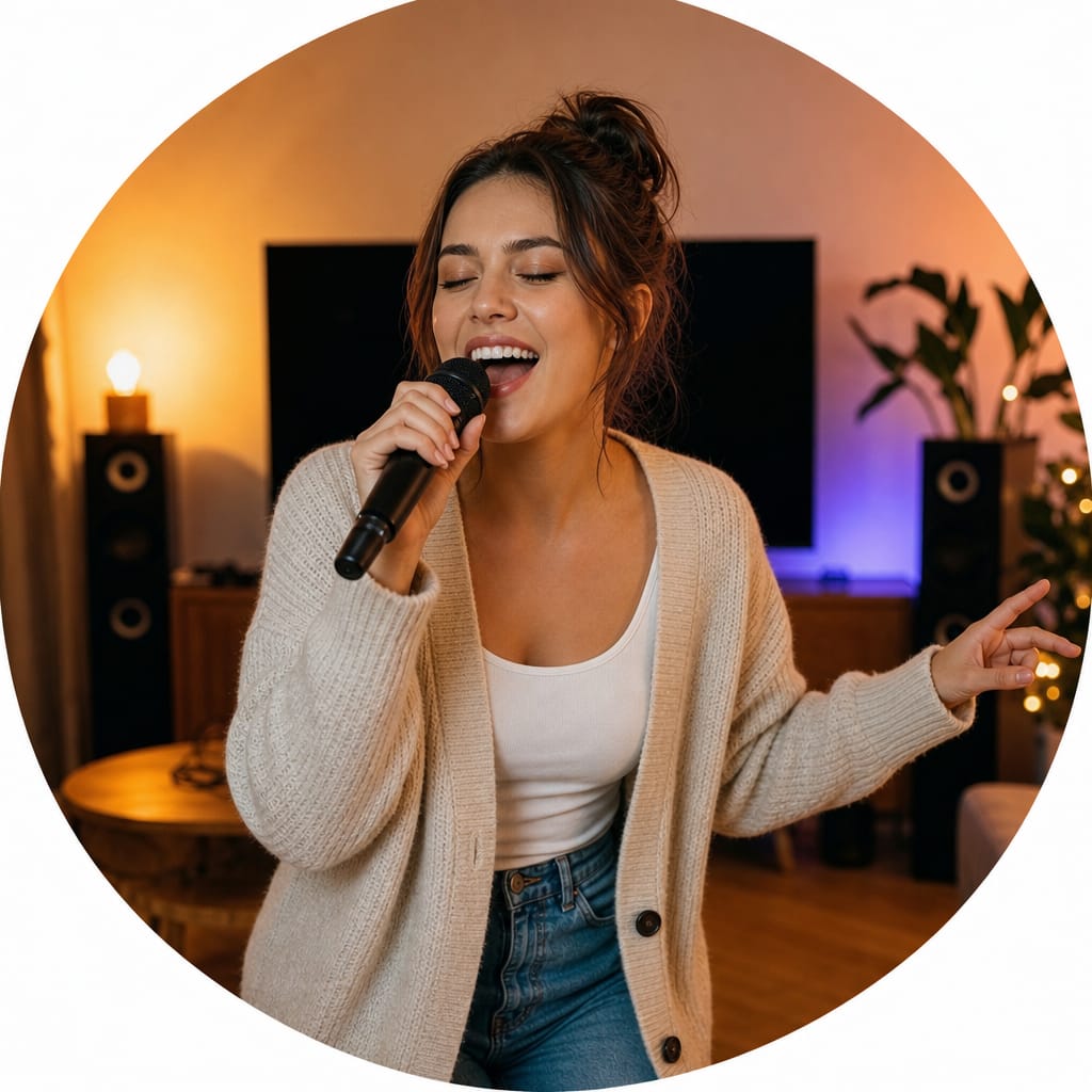 Person singing karaoke with microphone