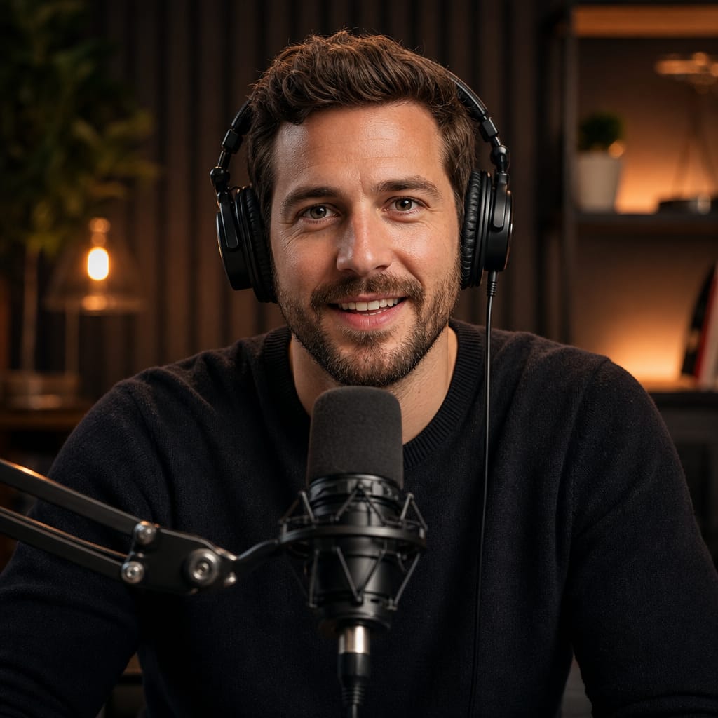 Podcast host recording with a studio microphone
