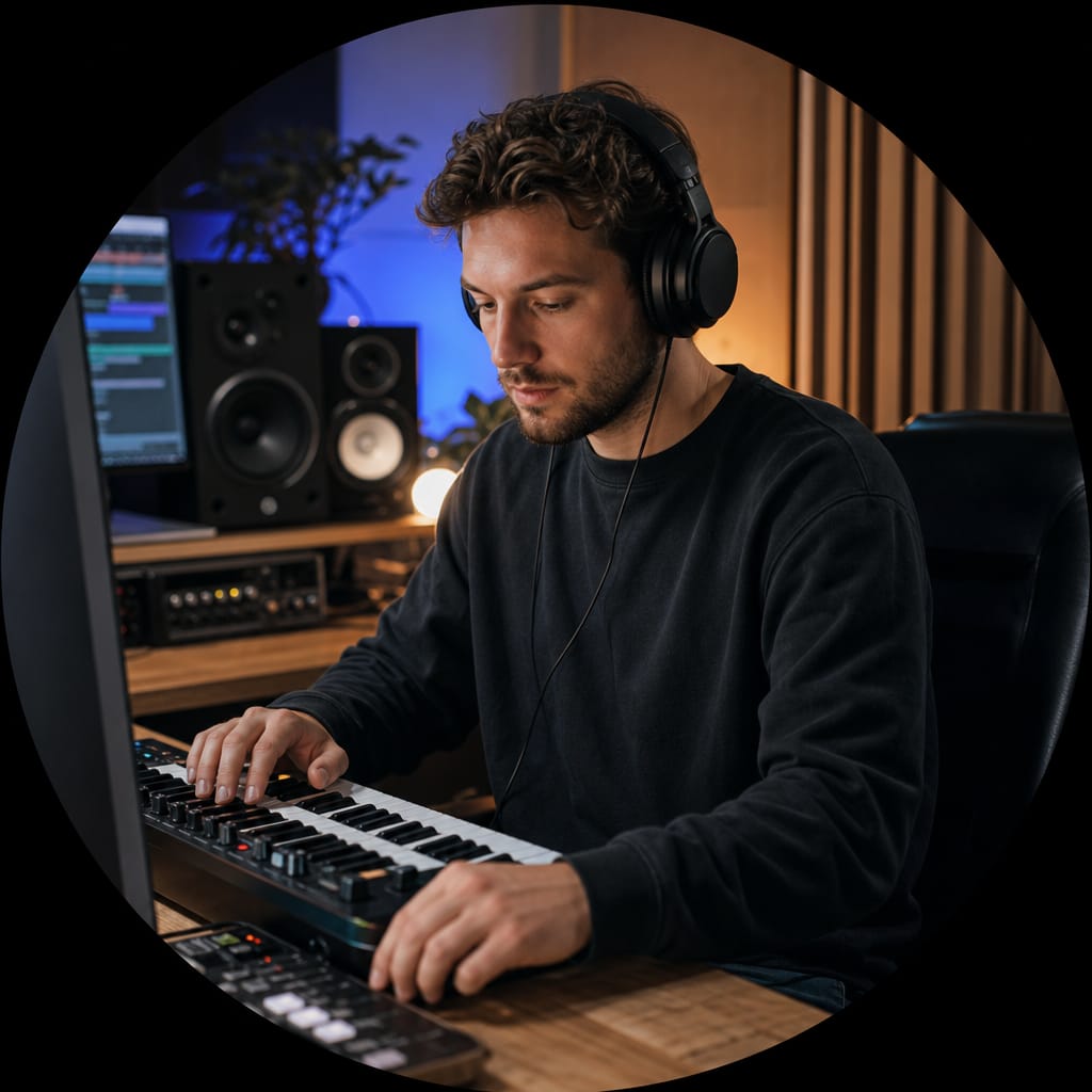 Music producer working in a home studio