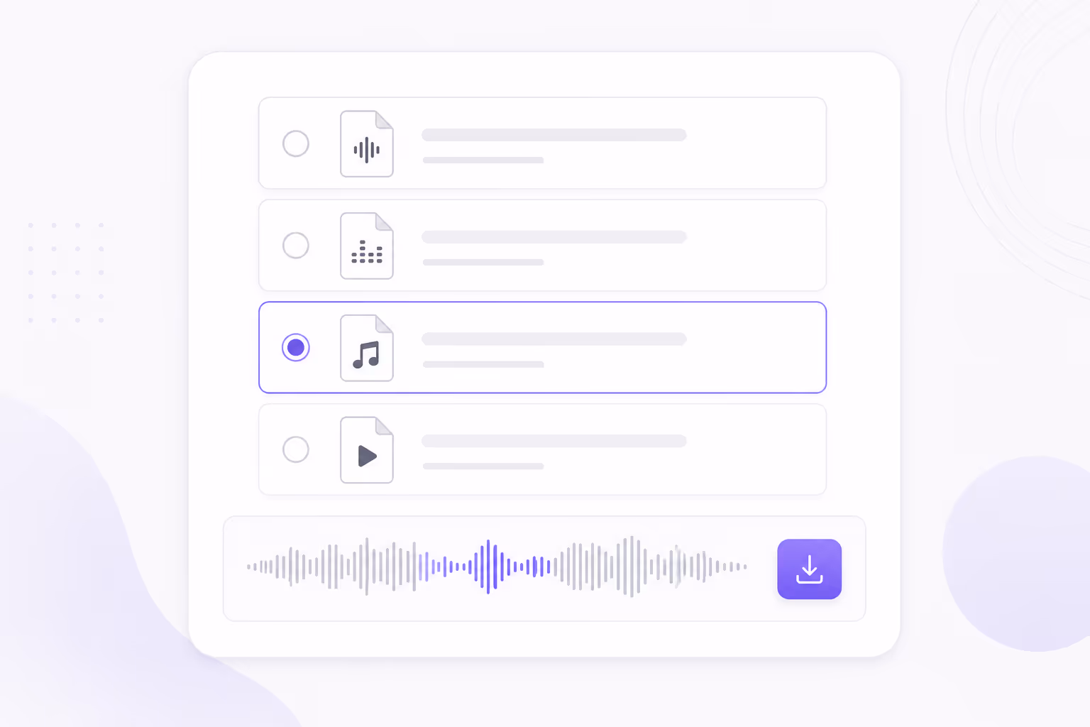 Audio format selection pills for MP3 WAV M4A FLAC export